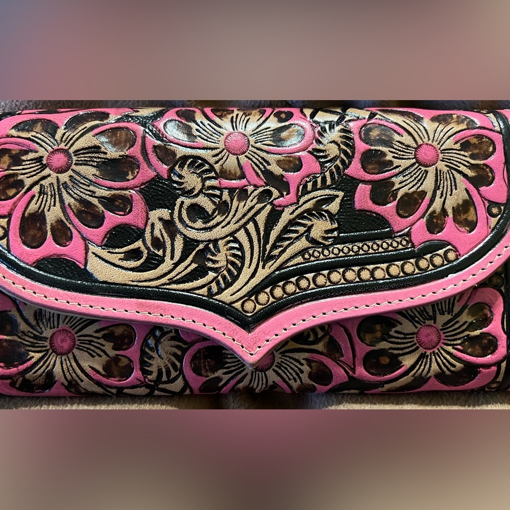 Floral Embossed Pink and Brown Women's Clutch